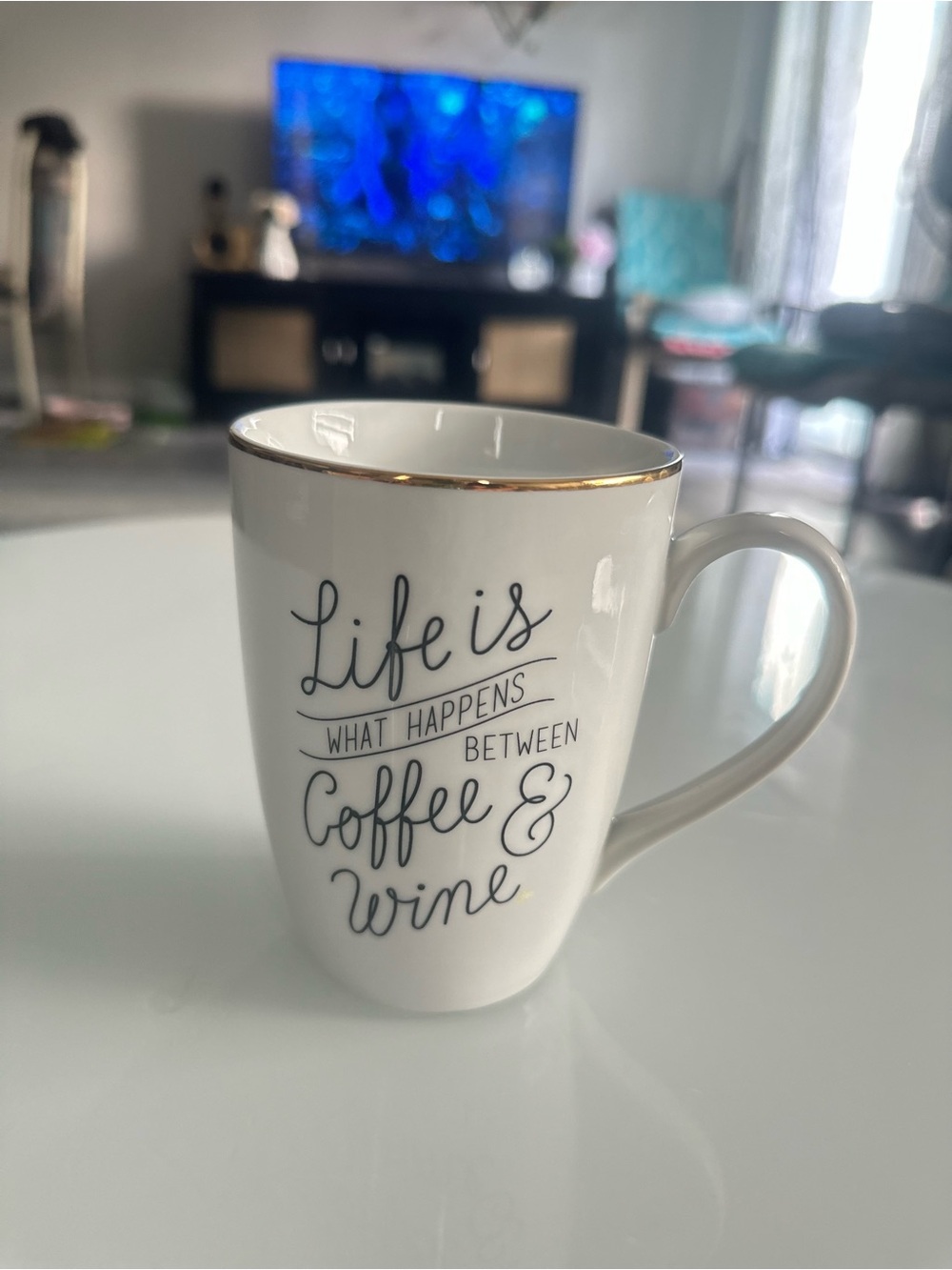 Indigo White Ceramic Mug with Gold Rim - 'Life is' Script